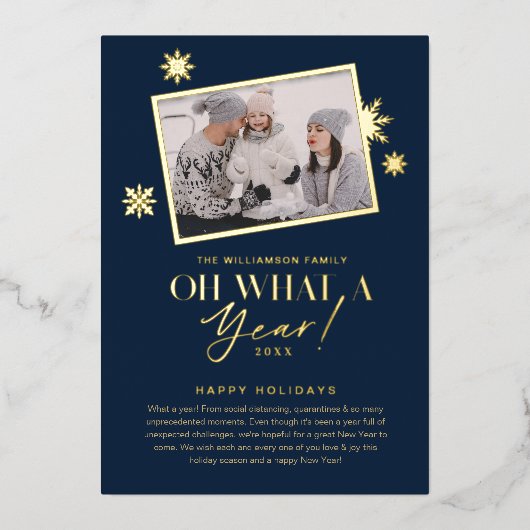 ああ、なんて一年だ!Year in Review金ゴールド&ネイビー1写真 箔シーズンカード (正面)