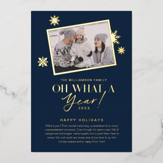 ああ、なんて一年だ！Year in Review金ゴールド&ネイビー1写真 箔シーズンカード (正面)