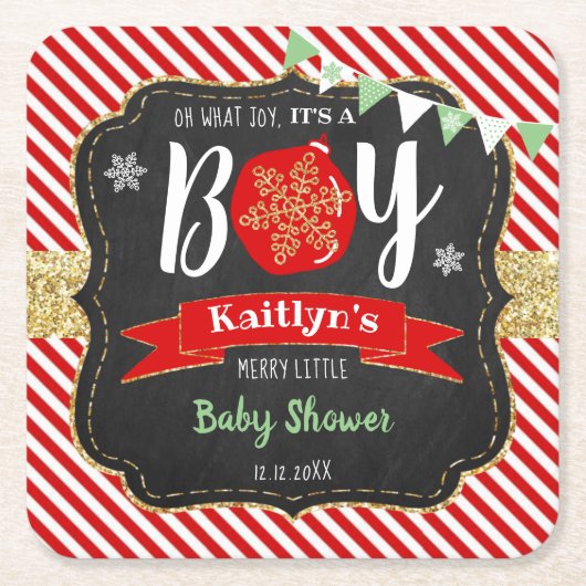 「ああ、なんて喜ぶんだ、男の子なんだ！」 クリスマスベビーシャワー スクエアペーパーコースター (正面)