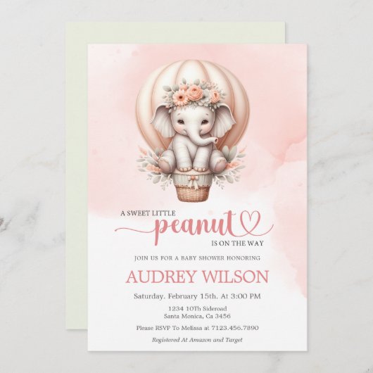 ああ、ベビーかわいい象の赤ちゃんシャワーが途中にある 招待状 (正面/裏面)