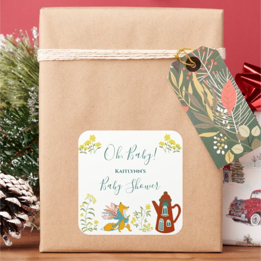 ああ、ベビーキツネと花ベビーシャワーギフト スクエアシール (クリスマス)