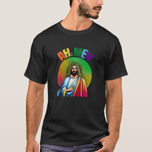 ああ、メンズイエスキリストLGBTQレインボーカラーズクリスチャン Tシャツ (正面)