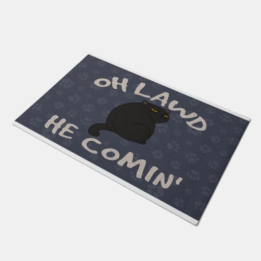 ああ、彼は猫好き、黒猫をcomin ドアマット (アングル)