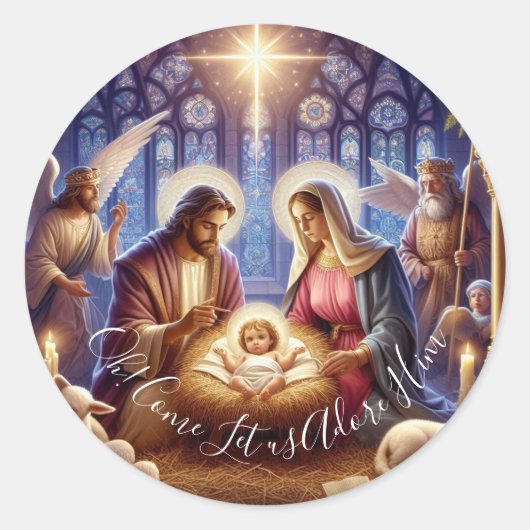 ああ！彼来を崇拝しよう – ホリデークリスマス ラウンドシール (正面)