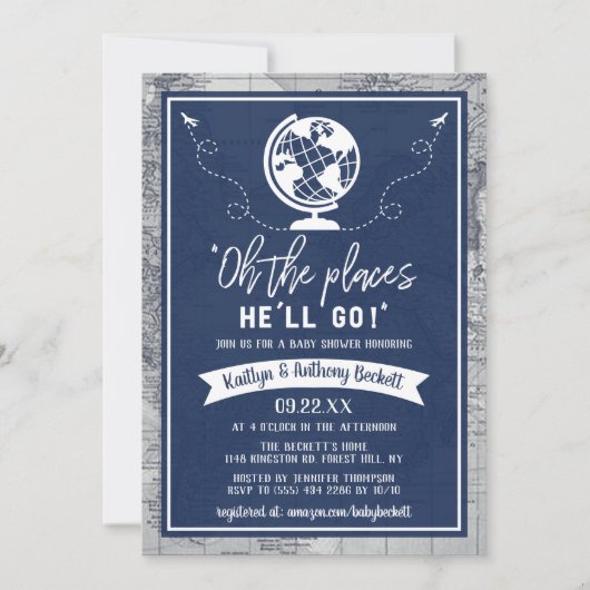 「ああ、行く場所だ!」 旅行マップ赤ちゃんシャワー 招待状 (正面)