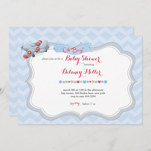 ああ! 飛行機のベビーシャワーの招待 招待状 (正面/裏面)