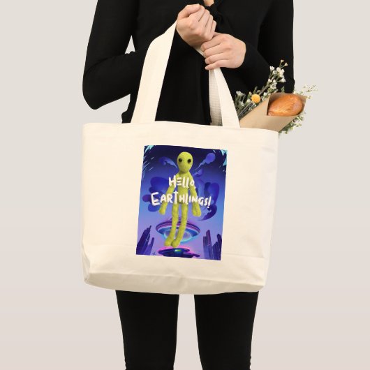 あいさつする宇宙人の柄 ラージトートバッグ (正面(商品))