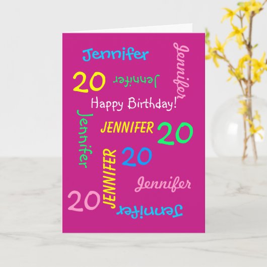 あいさつパーソナライズされたカード名20誕生日ピンク カード (黄色い花)