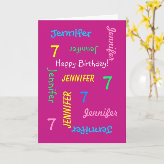 あいさつパーソナライズされたカード名、7番目の誕生日ピンク カード (黄色い花)