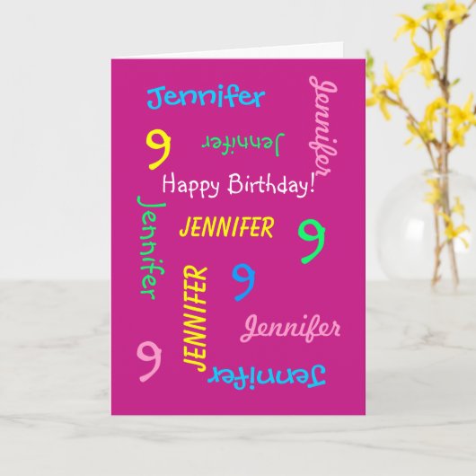 あいさつパーソナライズされた文の名前、9番目の誕生日ピンク カード (黄色い花)