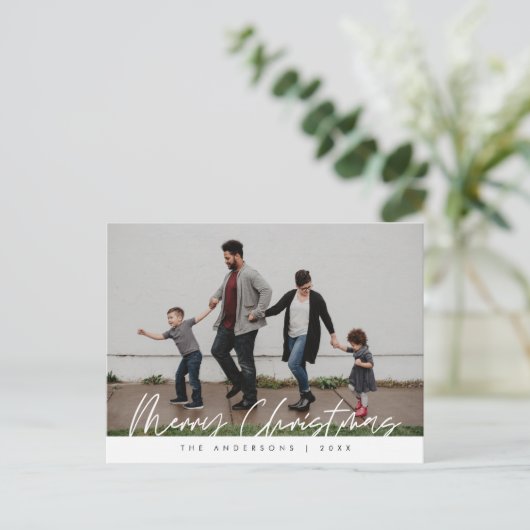 あいさつモダン文、メリークリスマス家族の写真Pos ポストカード (スタンド正面)
