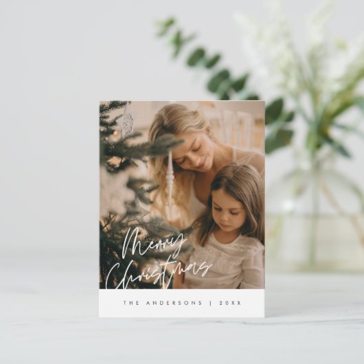 あいさつモダン文、メリークリスマス家族の写真Pos ポストカード (スタンド正面)