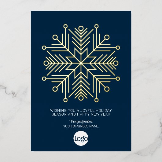 あいさつ企業のつ – ネイビーブルー金ゴールド付きスノーフレーク 箔シーズンカード (正面)