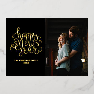 あけましておめでとうございます。エレガントな黒金スクリプトの写真 箔シーズンカード