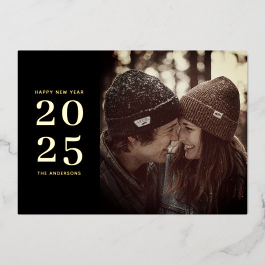 あけましておめでとうございます。 ブラックゴールド エレガント ミニマリスト 箔シーズンカード (正面)