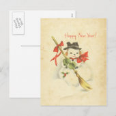 あけましておめでとう クラシック スノーマン 赤いリボン ホーリー ほうき シーズンポストカード (正面/裏面)