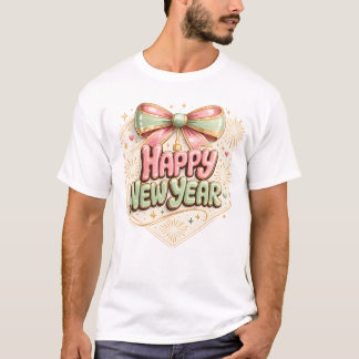 あけましておめでとう パステル リボン かわいい 祭りの 楽しい 休日 Tシャツ