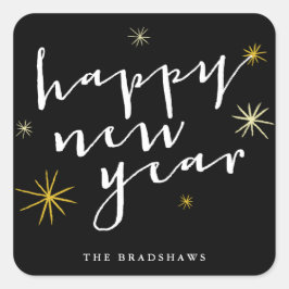 あけましておめでとう モダンスクリプト おしゃれ ゴールド スターバースト スクエアシール