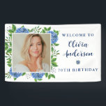 あじさいエレガントさんカスタム写真70th Birthday Party 横断幕<br><div class="desc">紫陽花エレガントのカスタム写真70th Birthday Party Bannerは青い紫陽花と緑の美しい水色。写真をカスタマイズして文字を追加できる。</div>