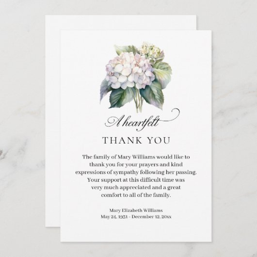 あじさいエレガントフローラ葬式ありがとう サンキューカード (正面/裏面)
