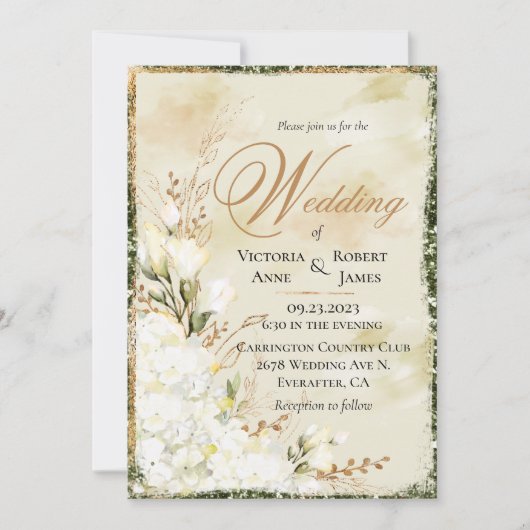 あじさいエレガント色の白金ゴールド緑フローラ結婚' 招待状 (正面)
