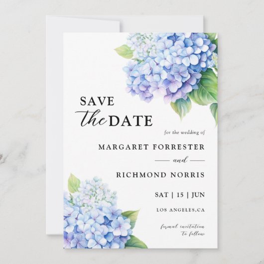 あじさいダスティブルーフローラ結婚式の日付を保存 招待状 (正面)