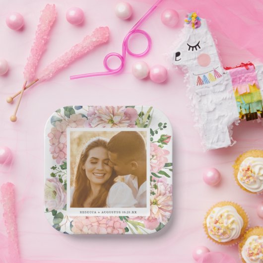 あじさいバラピンクウォーター色フローラ写真 ペーパープレート (パーティー)