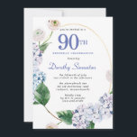 あじさいバラ90thバースデーパーティー 招待状<br><div class="desc">青いあじさい花と赤面バラ飾花模様金ゴールド楕円形。開放的で風通しの良いモダン植物学。</div>