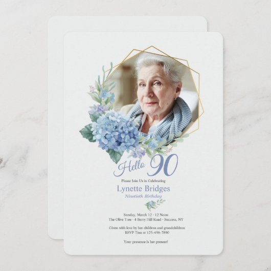 あじさいフレームフォト誕生日招待状 招待状 (正面/裏面)