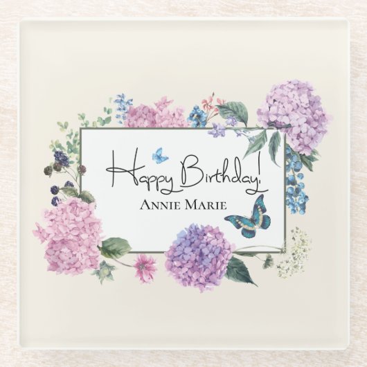 あじさいブーケパーソナライズされたハッピーバースデー ガラスコースター (正面)