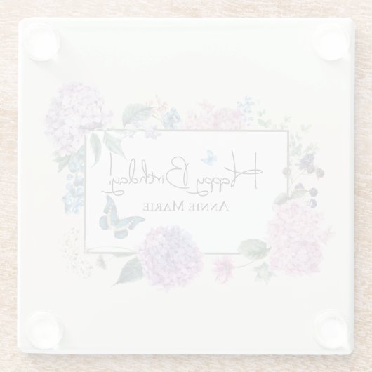 あじさいブーケパーソナライズされたハッピーバースデー ガラスコースター (裏面)