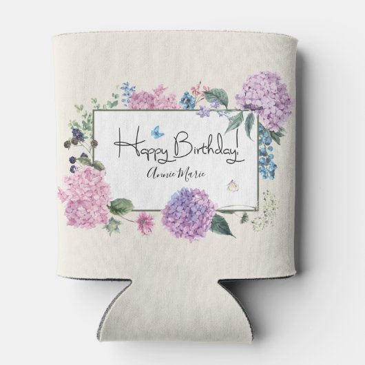 あじさいブーケパーソナライズされたハッピーバースデー 缶クーラー (裏面)