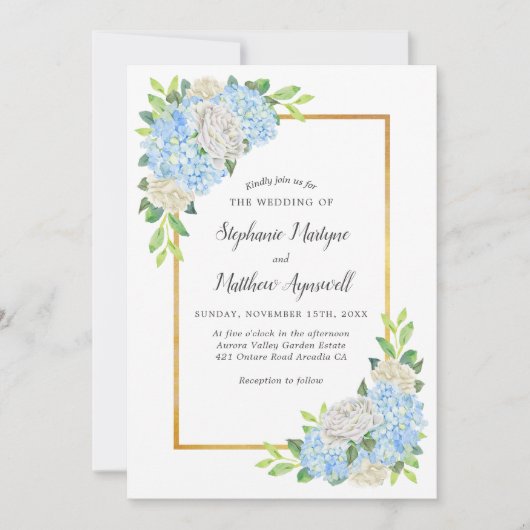 あじさいホワイトローズ金ゴールドウォーター結婚カラー 招待状 (正面)
