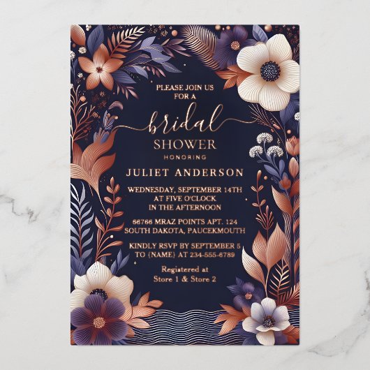 あじさいメタリックピュアネイビーブルーブライダルシャワー 箔招待状 (正面)