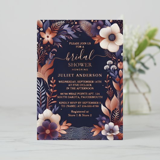 あじさいメタリックピュアネイビーブルーブライダルシャワー 箔招待状 (立ち正面)