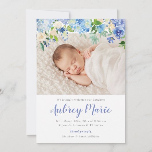 あじさい水彩フローラガールフォト誕生 案内状 (正面)