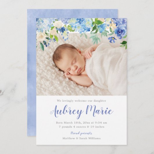 あじさい水彩フローラガールフォト誕生 案内状 (正面/裏面)