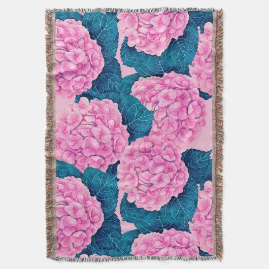 あじさい水彩模様、ピンクとブルー スローブランケット (正面縦)