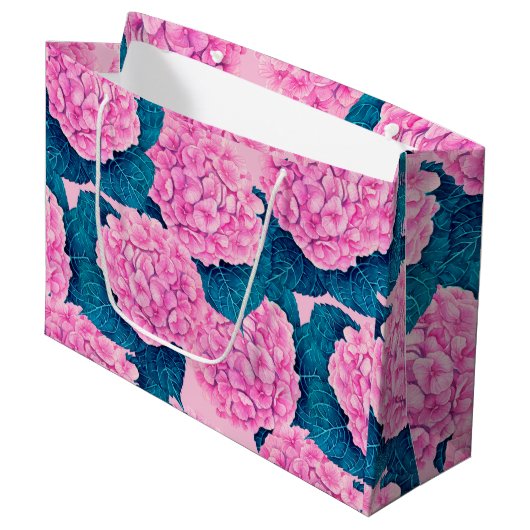 あじさい水彩模様、ピンクとブルー ラージペーパーバッグ (正面アングル)