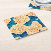 あじさい水彩模様、黄色と青 スクエアペーパーコースター (アングル)