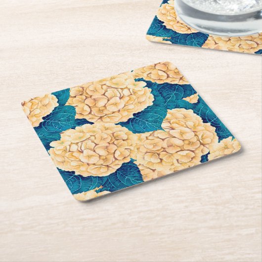 あじさい水彩模様、黄色と青 スクエアペーパーコースター (アングル)