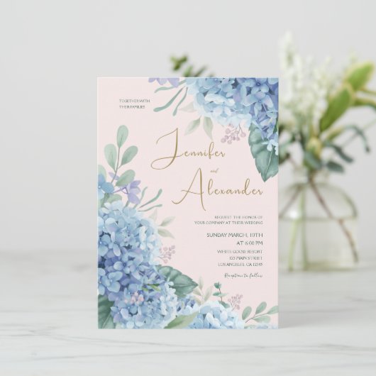 あじさい水彩赤面ピンクダスティブルー結婚ズ 招待状 (スタンド正面)
