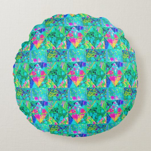 あじさい絵画とブルースのガーデンキルト ラウンドクッション (正面)