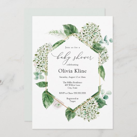 あじさい花と緑の赤ちゃんシャワー 招待状 (正面/裏面)
