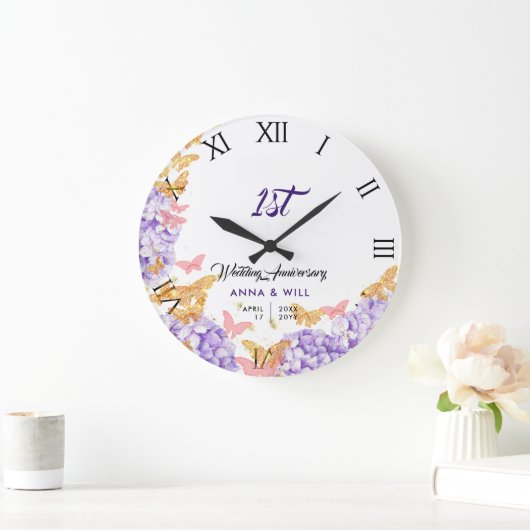 あじさい蝶ボホシック結婚ズ記念日 ラージ壁時計 (ホーム)