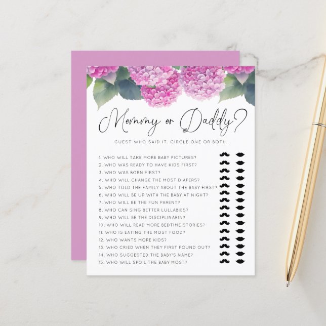 あじさい赤ちゃんシャワーママまたはパパのゲーム (正面/裏面インサイチュ)