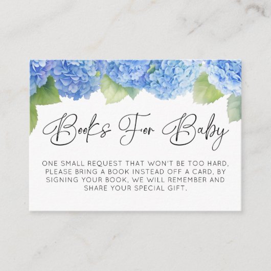 あじさい青い花の本の赤ちゃんシャワー エンクロージャーカード (正面)