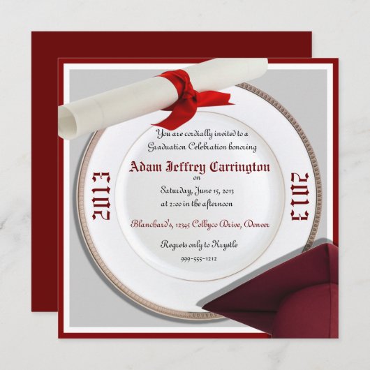 あずき色および灰色の卒業のパーティの招待状 招待状 (正面/裏面)