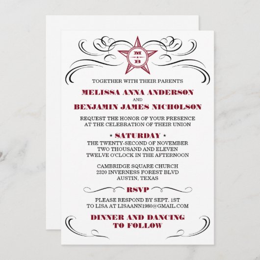 あずき色および白い南スタイルの結婚式招待状 招待状 (正面/裏面)