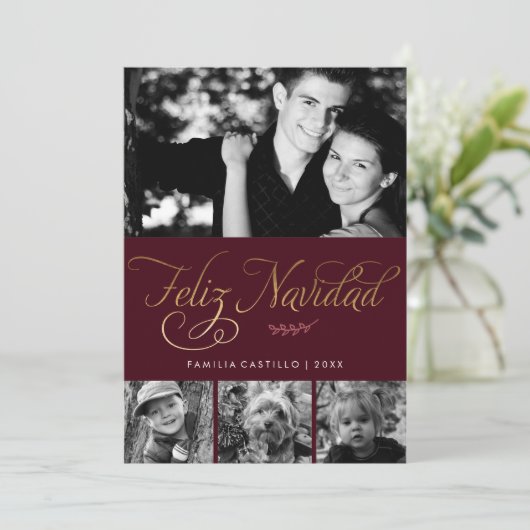あずき色および金ゴールドのFeliz Navidadの写真 シーズンカード (スタンド正面)